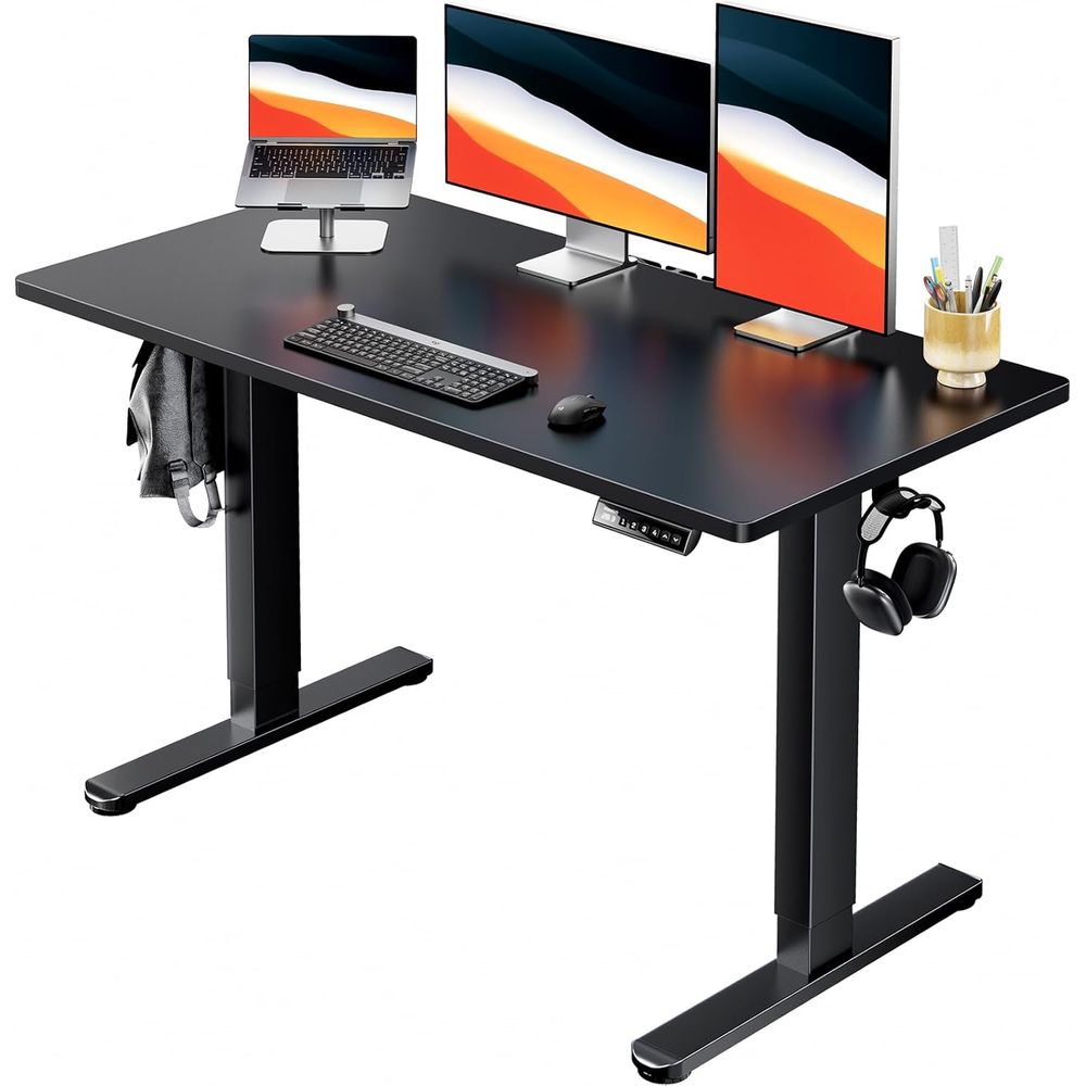 L Shaped Desk Setup - Electric Standing Desk, Whole Piece Desktop,